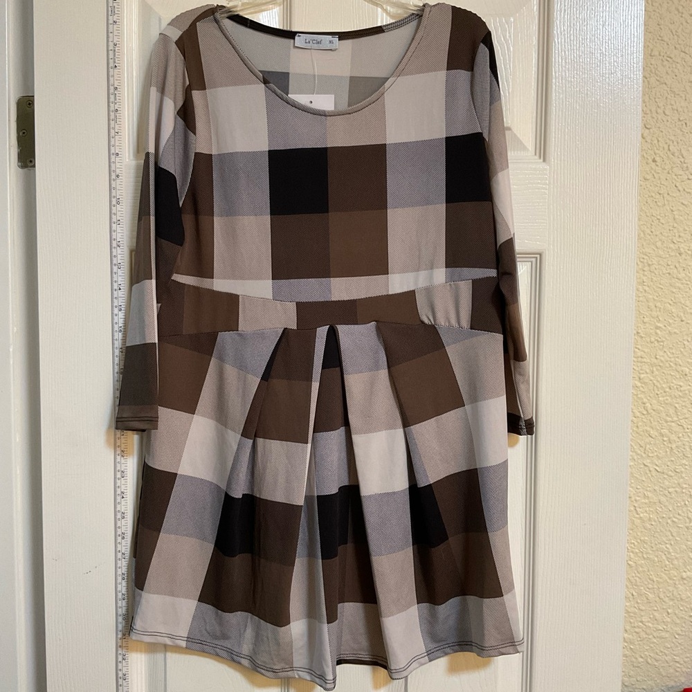 LaClef Maternity Checkered 3/4 Sleeve Shirt - Brown and Black